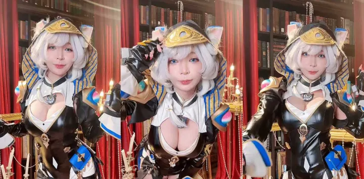 日本巨乳福利姬【UmekoJ】COS崩坏星穹铁道之埃及猫娘，紧身胸衣紧勒G奶比基尼肥臀充满挑逗