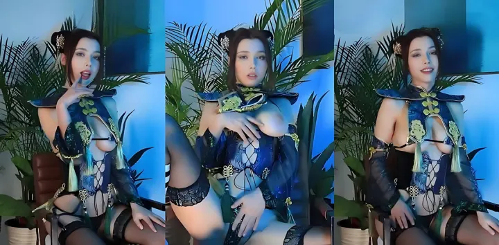 推特裸舞福利姬【迷鹿】蓝光下古风热舞巨乳破衣而出，抠逼自慰表情又纯又媚看的人心神荡漾