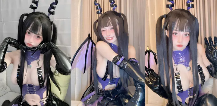 台湾嫩妹【冲田凛花Rinka】神级cos羊角魅魔，紫漆皮爆乳全露双腿展露白虎粉穴，阿黑颜吐舌诱惑