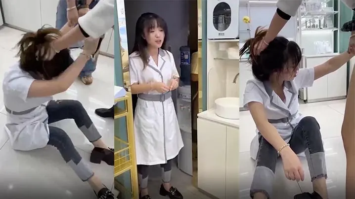 化妆品店小三被扒衣露奶，骑身狂揍，骚货还挺漂亮