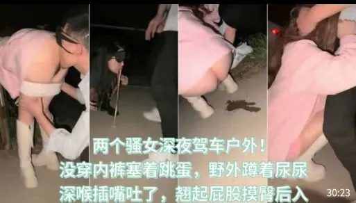 两个骚女深夜驾车户外，没穿内裤塞着跳蛋，野外蹲着尿尿，深喉插嘴